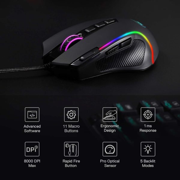 Redragon M612 Predator RGB Gaming Mouse, 8000 DPI Wired Optical Mouse with 11 Programmable Buttons & 5 Backlit Modes, Software Supports DIY Keybinds Rapid Fire Button - Image 3